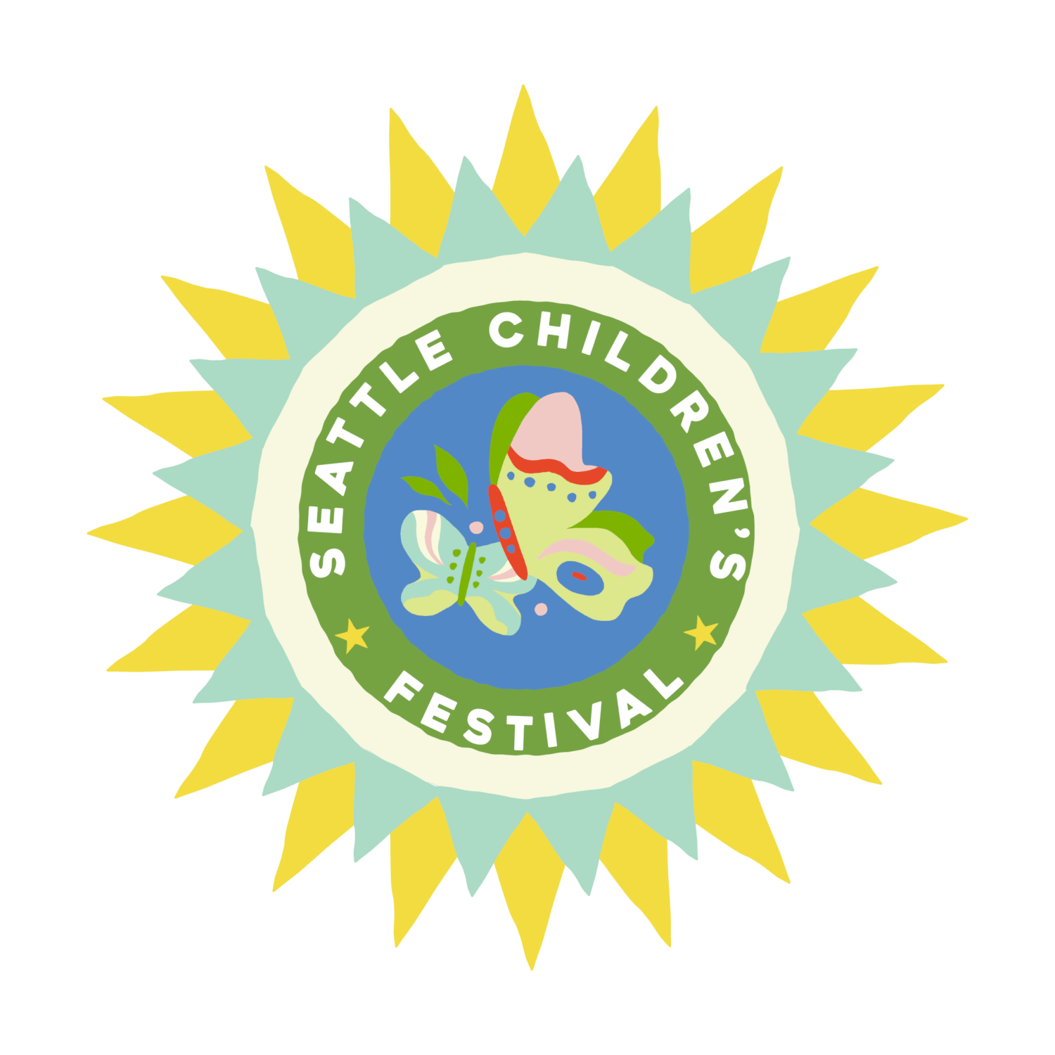 Children's Festival Logo - colorful butterflies in front of a blue background in a starburst shape